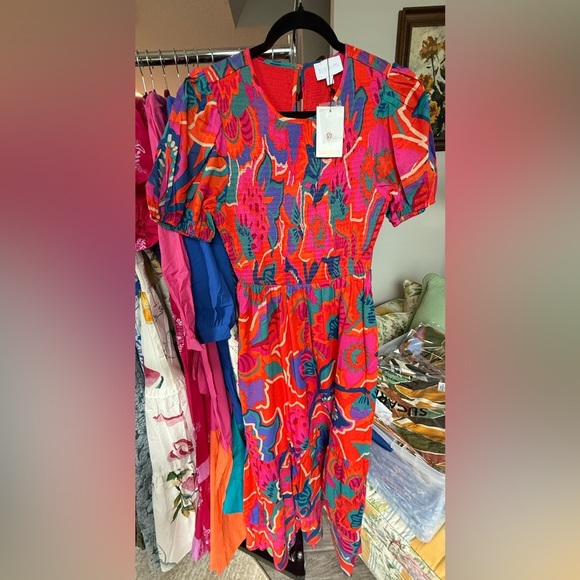 SugarLips Kahlia Tropics Aruba Smocked Midi Dress Orange Red Multi - Picture 6 of 7